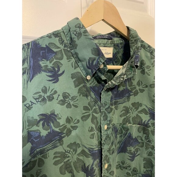 Vtg Tommy Hilfiger Green‎ Blue Men’s Sz XL Button Up Hawaiian Short Sleeve Shirt - Picture 7 of 8